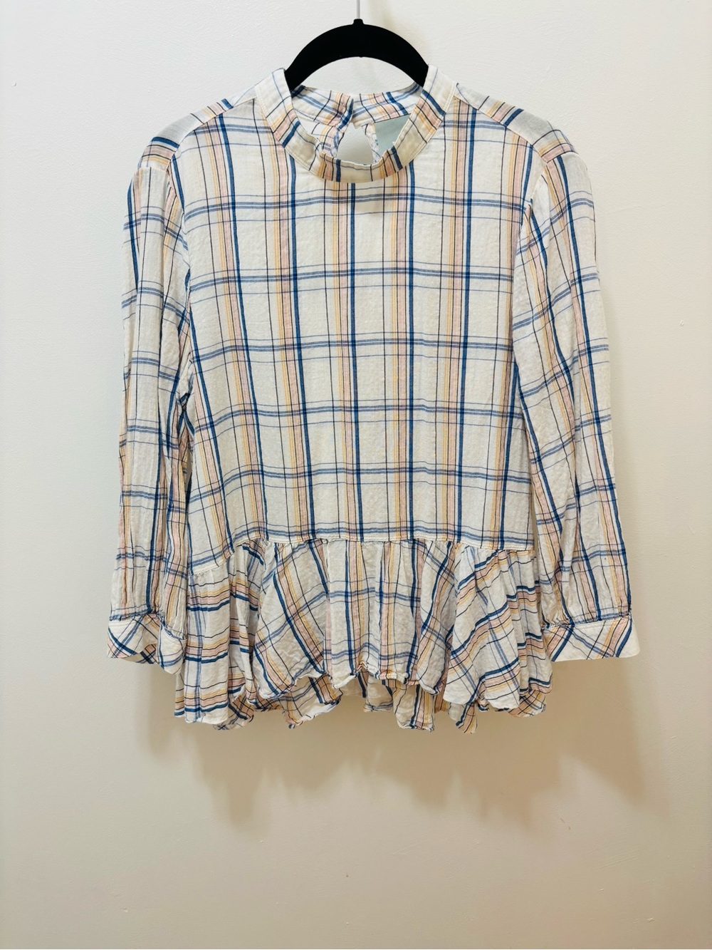 Maeve Blue, Pink & Yellow Plaid Ruffled Collar Top
